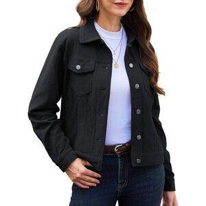Women Black Corduroy Cropped Shacket Button Down Long Sleeve Casual Coat